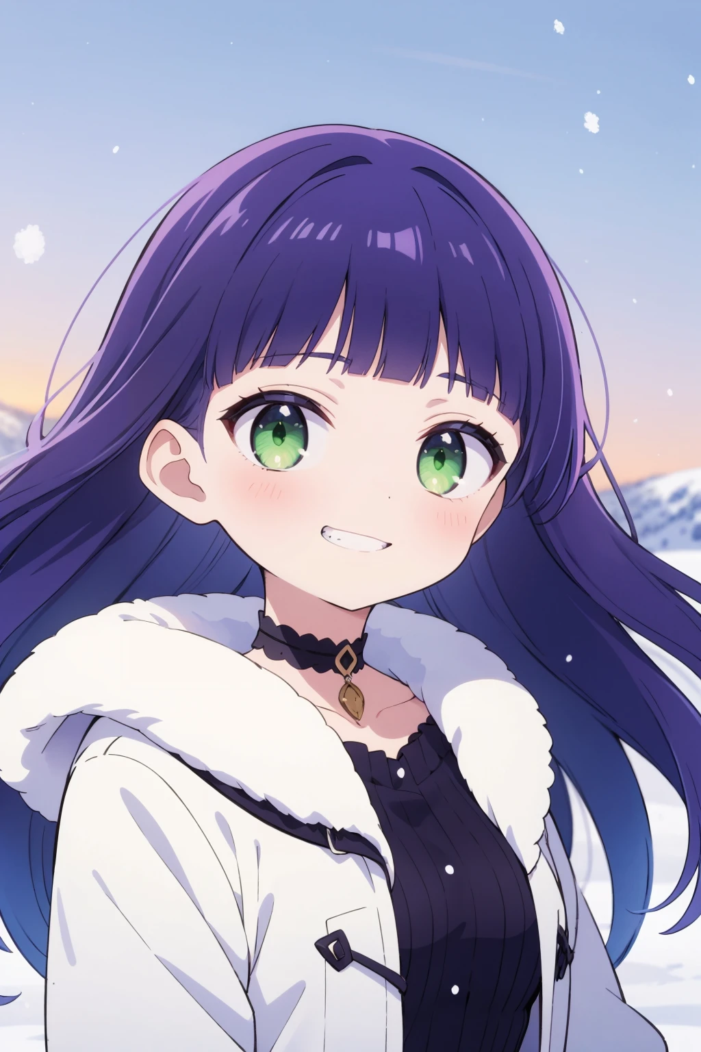 solo, {{ petite, }}
long hair, straight hair, blunt bangs, purple hair, green eyes, small breasts, {{ choker, }} long sleeves, grin, coat,
wind, portrait, snow, outdoors,
masterpiece, best quality, absurdres,