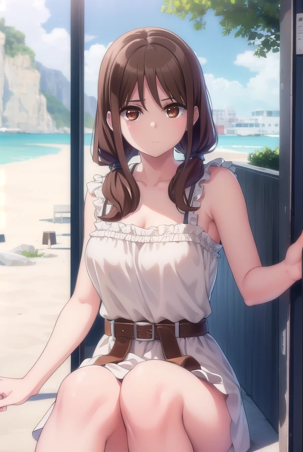 harukaoozora, <lora:haruka oozora anime s1-lora-nochekaiser:1>,
haruka oozora, long hair, bangs, brown hair, twintails, (brown eyes:1.5), low twintails,
BREAK dress, bare shoulders, collarbone, yellow dress, frills, belt, frilled dress,
BREAK outdoors,
BREAK looking at viewer,
BREAK <lyco:GoodHands-beta2:1>, (masterpiece:1.2), best quality, high resolution, unity 8k wallpaper, (illustration:0.8), (beautiful detailed eyes:1.6), extremely detailed face, perfect lighting, extremely detailed CG, (perfect hands, perfect anatomy),