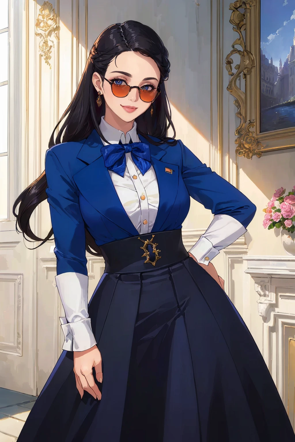 ((Masterpiece, best quality,edgQuality,photorealistic, hyper realistic)),smile--,
Haute_Couture, designer edgHC_dress with set of edgPreppy clothes,
a woman wearing a blue top, skirt, sunglasses
<lora:edgLycorisPreppy:1>