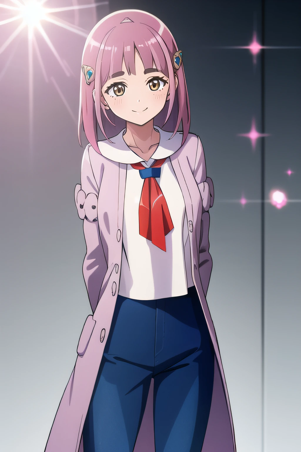 masterpiece, best quality, official art, professional artwork, highres, lens flare, (vibrant_color:1.2), 1girl, solo, <lora:Lacey-10:0.8>, lacey, standing, cowboy shot, smile, blue pants, arms behind back, coat, neckerchief, white shirt