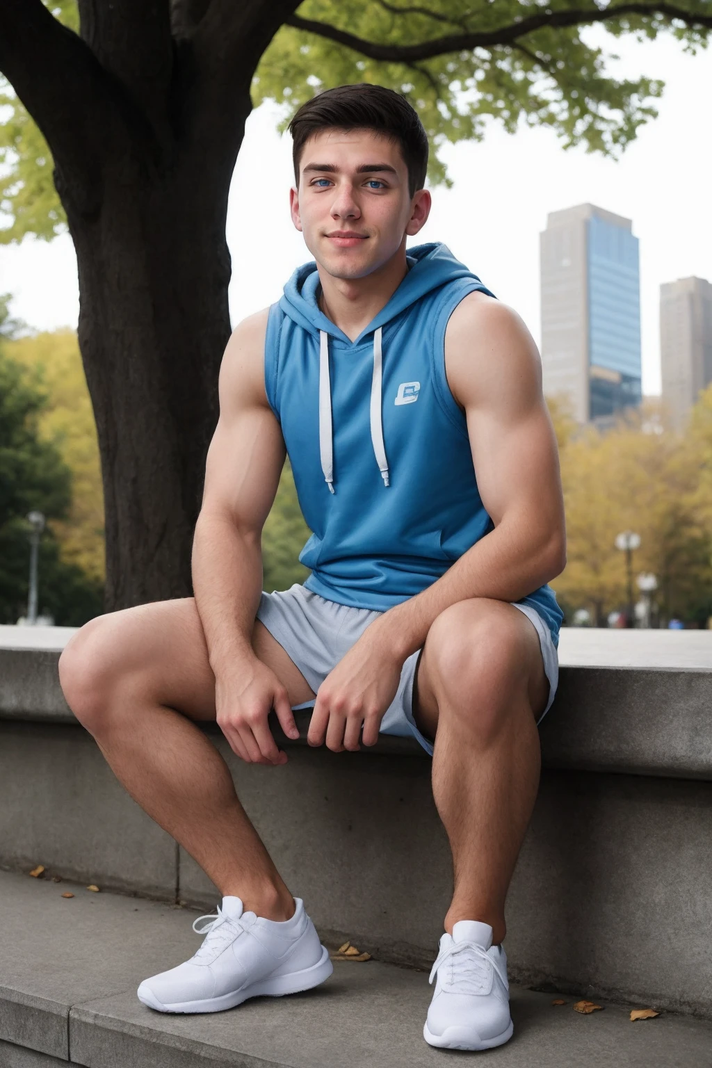 photo of fb_billy <lora:fratbrat_billy-06:0.75> sitting outside in a city park wearing a sleeveless hoodie shorts and sneakers, blurred background, natural lighting, contemplative and focused mood, slight thoughtful expression, (slight smile:0.5), hands on his hips