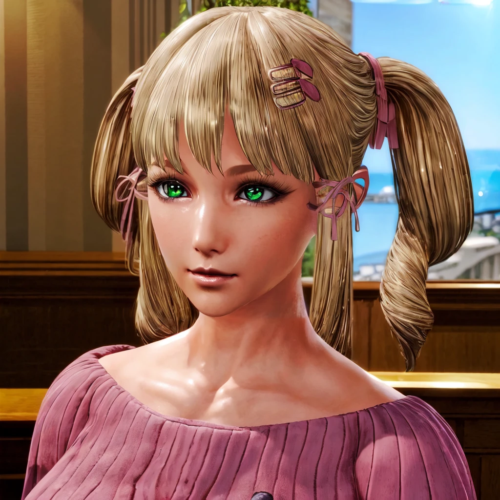 (masterpiece, best quality), 1girl, <lora:rinneinaba:1> side tail hair, brown hair, green and yellow eyes, butterfly hairclip, choker, pink dress, white sleeves, yellow shorts, single striped thigh high sock, red armband
