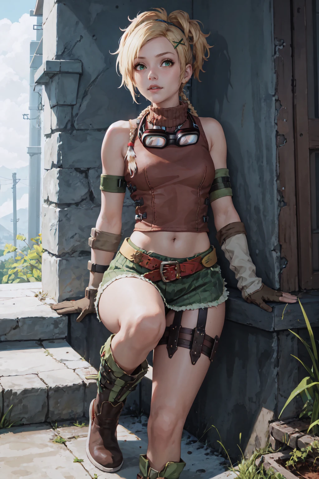 1girl, RikkuX, x hair ornament, goggles around neck, fingerless gloves, midriff, navel, belt, boots, <lora:RikkuV3:1>