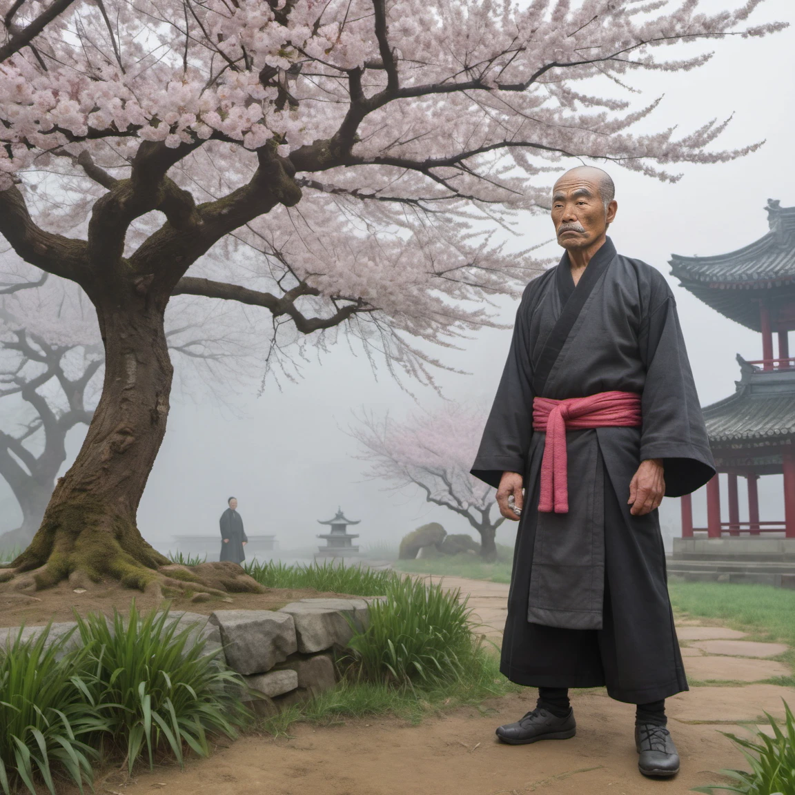 ancient kung-fu master, old, standing in high grass in front of cherry blossom tree, misty fog, intricate detail, cinematic
