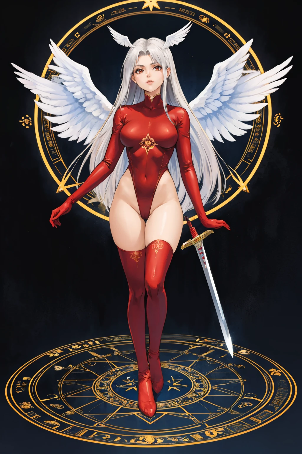 masterpiece, best quality, <lora:fftultima-nvwls-v1-000009:0.9> fftultima, head wings, long hair, angel wings, red leotard, long sleeves, red gloves, red thighhighs, full body, (magic circle:1.5), standing, looking at viewer, black background, sword, holding sword