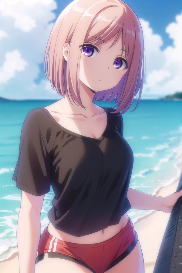 ayasatachibana, <lora:ayasa tachibana anime s1-lora-nochekaiser:1>,
ayasa tachibana, brown hair, purple eyes, pink hair, short hair,
BREAK shirt, collarbone, short sleeves, shorts, black shirt, t-shirt, red shorts, dolphin shorts,
BREAK outdoors, beach,
BREAK looking at viewer,
BREAK <lyco:GoodHands-beta2:1>, (masterpiece:1.2), best quality, high resolution, unity 8k wallpaper, (illustration:0.8), (beautiful detailed eyes:1.6), extremely detailed face, perfect lighting, extremely detailed CG, (perfect hands, perfect anatomy),