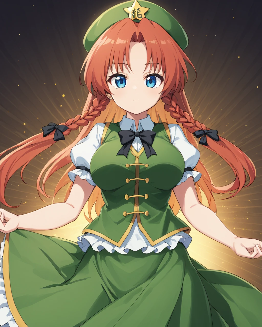 hong meiling,1girl, solo, star_\(symbol\), twin_braids, green_headwear, star_hat_ornament, closed_mouth, beret, medium_breasts, puffy_short_sleeves, looking_at_viewer, green_dress, black_bow, white_shirt, skirt, v-shaped_eyebrows, chinese_clothes, vest, ribbon, fighting_stance
<lora:hong_meiling_image3632_2023-12-11-000004:1>,star-shaped_pupils,symbol-shaped_pupils,. gorgeous,key visual, vibrant, studio anime,award-winning, professional, highly detailed,high budget, cinemascope