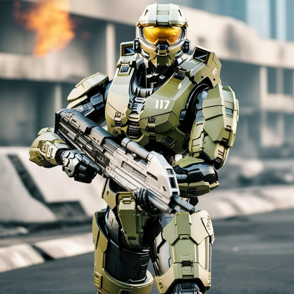 Halo1024, a robot soldier, full body, war , post apocalyptic city, highly detailed, photography, ultra sharp, film, bokeh, professional, 64k <lora:Halo1024-000140:0.8>
