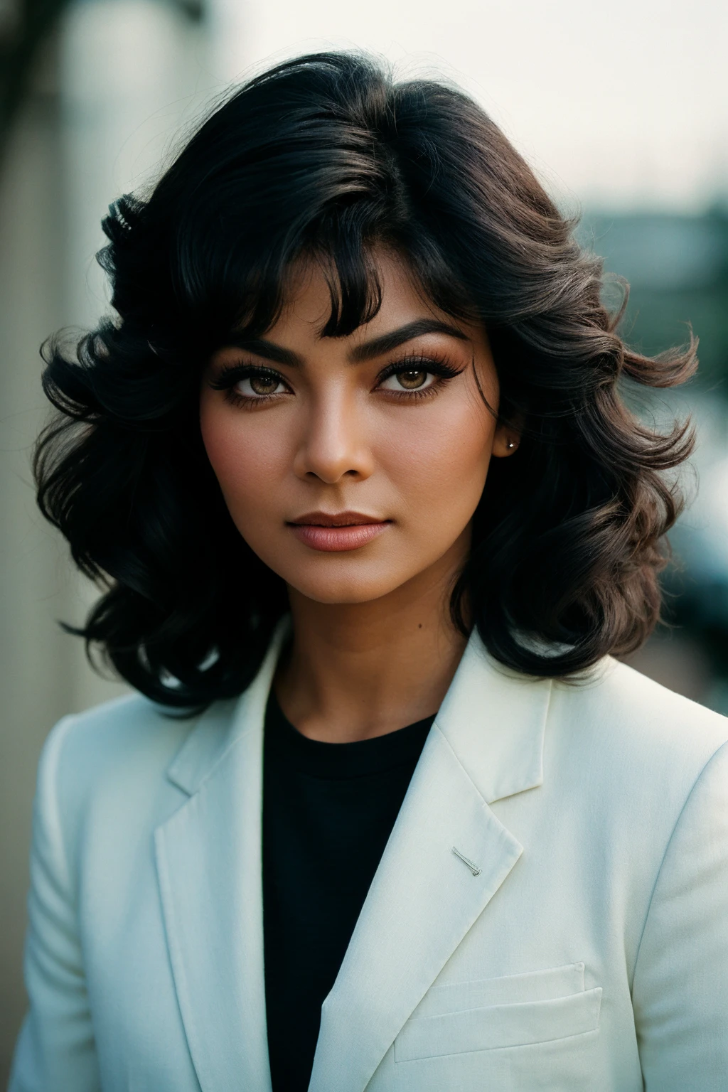 photo of (EPK1m1K4tk4r:0.99), closeup portrait, perfect hair, (modern photo, Embellished jacket, black pants, and pumps), 24mm, (analog, cinematic, film grain:1.3), ((fimbulvetr [in|at] shoal , gradient:1.1)), ((detailed eyes)), ((eyeliner, long lashes)), (epicPhoto), long eyelashes,