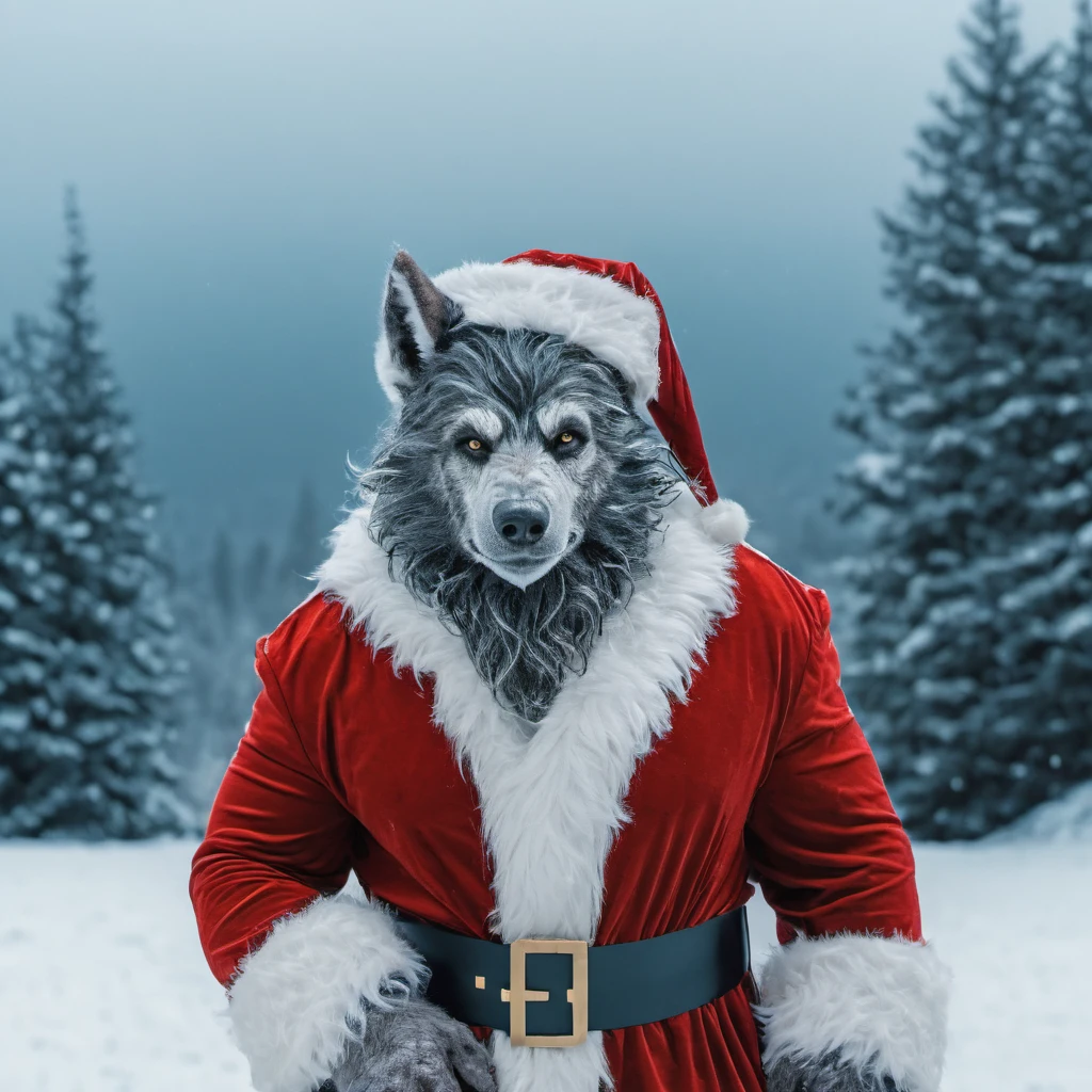 A modern-werewolf dressed as Santa Claus taking a regal pose looking at the camera, for a portrait photo captured with Canon EOS 5D Mark IV. Set against a beautiful snowy Christmas backdrop, this unique portrayal adds a touch of wonder to the wintry season. <lora:Modern_Werewolf:1>