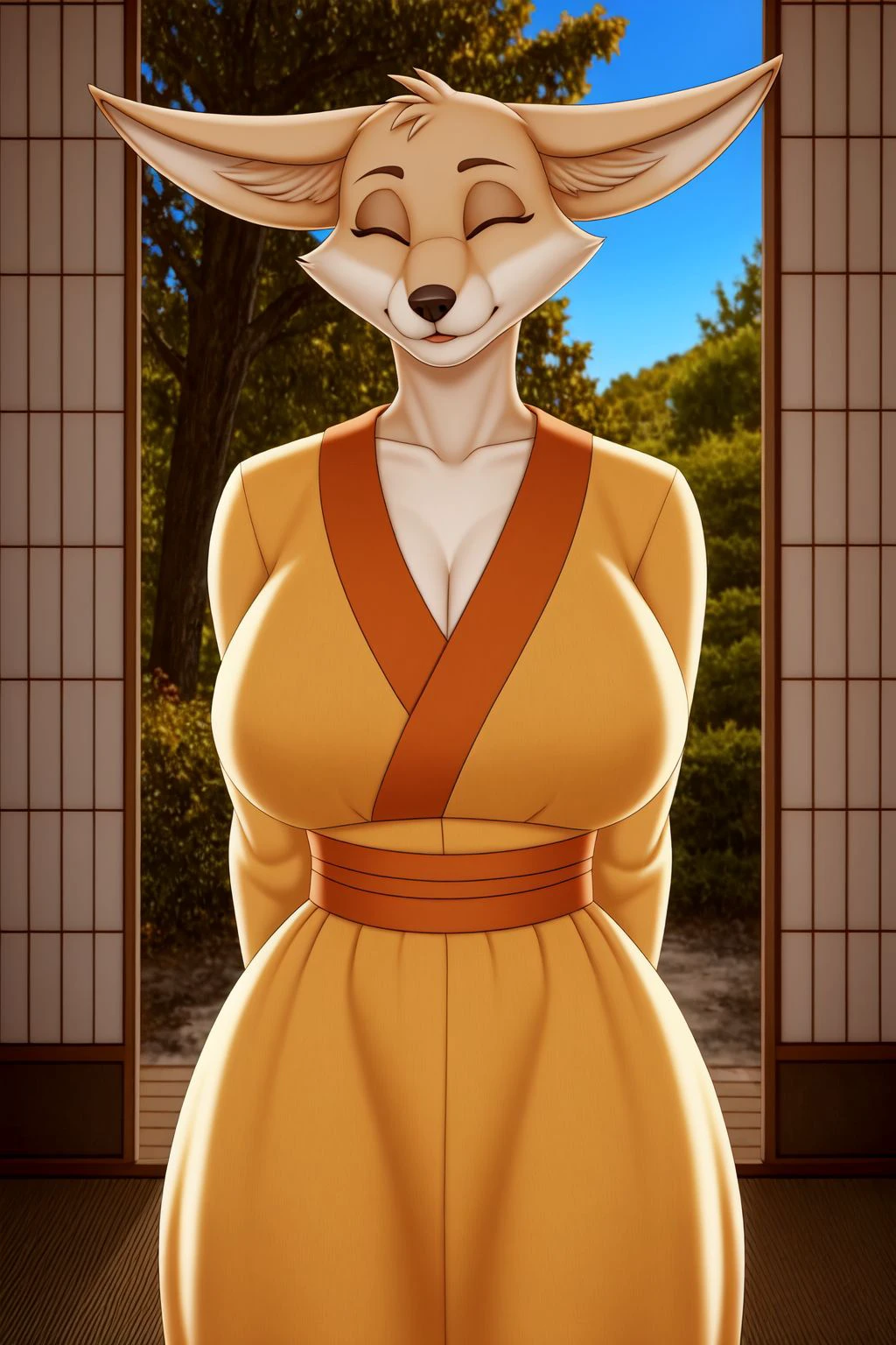 ((masterpiece)), best quality, 1girl, solo, (fox kitsune, close eyes) standing, face focus, japanese clothes, (japanese outside, detailed background, 4k, 2k, cinematic)  <lora:KimotaV1:0.7>