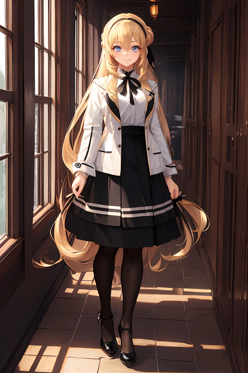 <lora:agneslV1-000005:0.7>,agnesxf,blonde hair,low-tied long hair,black white hair ribbon,braided single hair bun,blue eyes,smile,nsfw,
long hair,very long hair,black hairband,wide sleeves,neck ribbon,white jacket,shirt,black skirt,bare shoulders,white pantyhose,black footwear,, Exquisite visuals, high-definition,masterpiece,best quality,Exquisite visuals,high-definition,masterpiece,best quality,18yo,Young female,Beautiful Fingers,Beautiful long legs,Beautiful body,Beautiful character design,