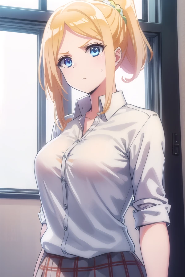 clairethomas, <lora:claire thomas anime s1-lora-nochekaiser:1>,
claire thomas, long hair, blue eyes, blonde hair, ponytail, scrunchie,
BREAK skirt, shirt, school uniform, white shirt, plaid, plaid skirt,
BREAK indoors, classroom,
BREAK looking at viewer,
BREAK <lyco:GoodHands-beta2:1>, (masterpiece:1.2), best quality, high resolution, unity 8k wallpaper, (illustration:0.8), (beautiful detailed eyes:1.6), extremely detailed face, perfect lighting, extremely detailed CG, (perfect hands, perfect anatomy),