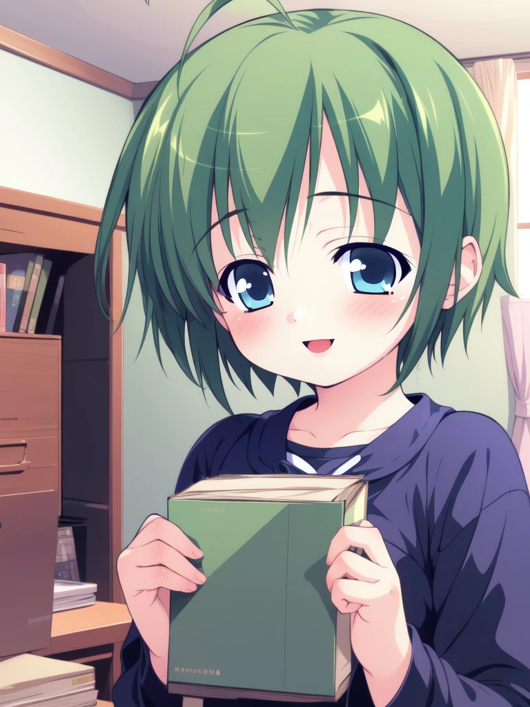 <lora:SakurazawaKeito:0.8>,SakurazawaKeito, green hair, blue eyes, short hair, ahoge, 1boy, soro, smile, blush,
home in the room,
masterpiece, high quality, very_high_resolution, large_filesize, full color,