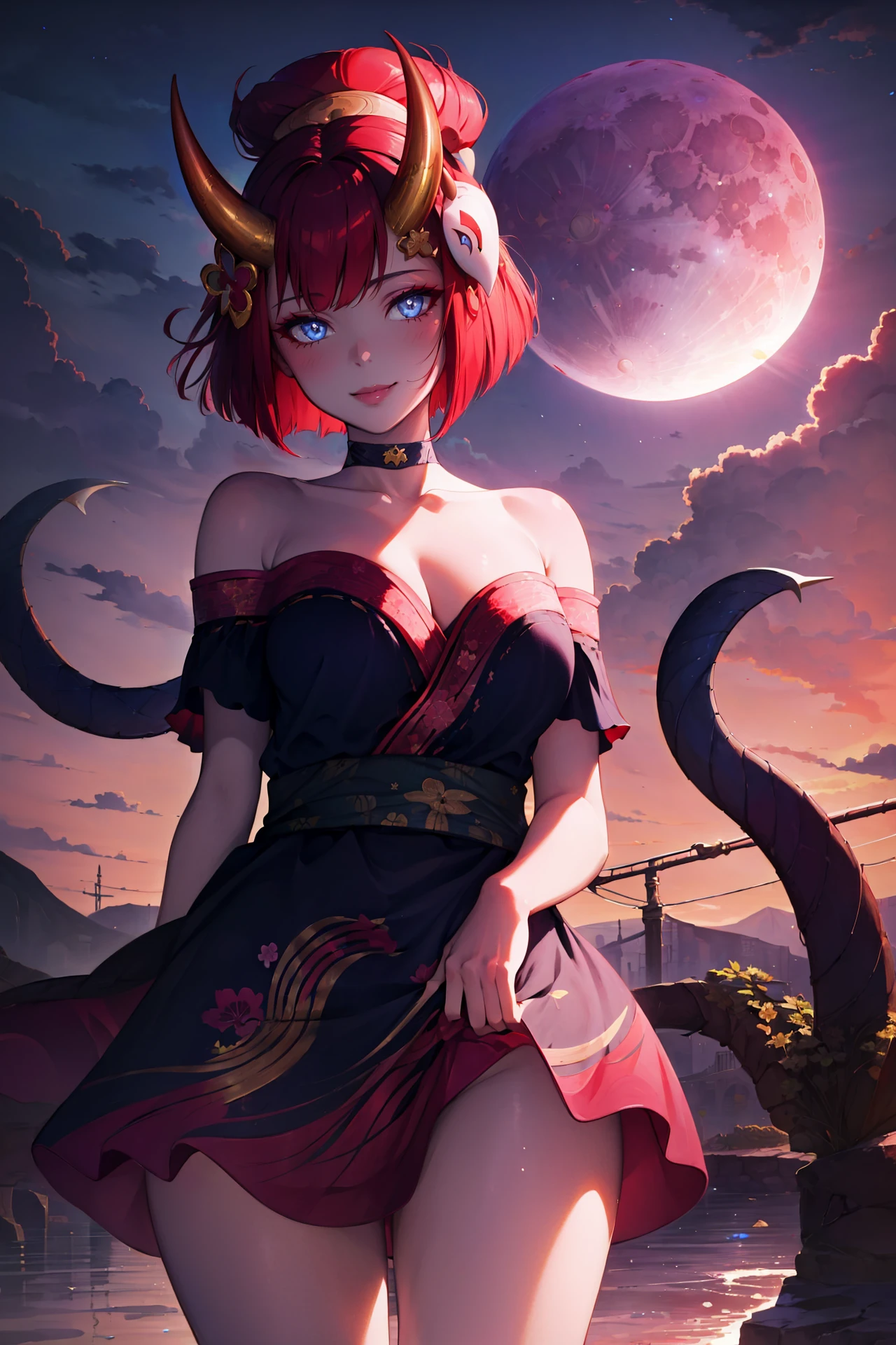 (masterpiece, best quality:1.2), intricate details, <lora:GoodHands-beta2:1>, <lora:lol_blood_moon_evelynn-000014:1>, blood moon evelynn, 1girl, oni horns, japanese clothes, choker, cleavage, hair ornament, mask, seductive smile