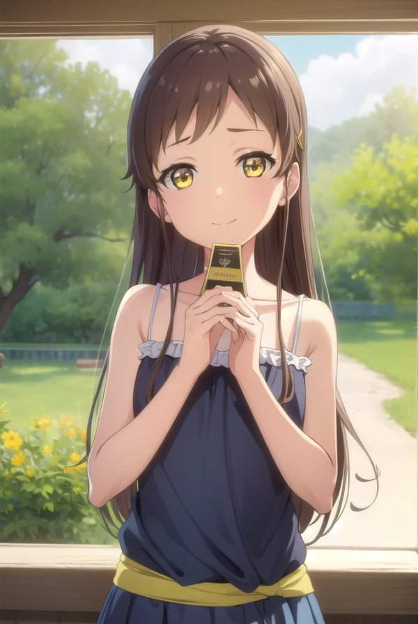 chiesayama, <lora:chie sayama ova-lora-nochekaiser:1>,
chie sayama, brown hair, (yellow eyes:1.5), hair ornament, hairclip, dark skin, dark-skinned female, smile,
BREAK camisole, blue camisole, bare shoulders, collarbone, skirt, yellow skirt,
BREAK outdoors,
BREAK looking at viewer, (cowboy shot:1.5),
BREAK <lyco:GoodHands-beta2:1>, (masterpiece:1.2), best quality, high resolution, unity 8k wallpaper, (illustration:0.8), (beautiful detailed eyes:1.6), extremely detailed face, perfect lighting, extremely detailed CG, (perfect hands, perfect anatomy),