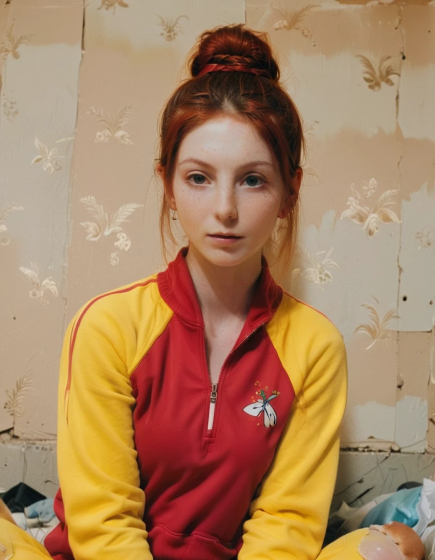 an overexposed film still with soft lighting, captured by emily stein; it is showcased a czech, adult, and tender sister, having a cherry-red-haired bun and an upturned nose; wearing a feminine yellow long tracksuit; lounging around amidst a dirty slum bedroom. <lora:AnalukXL8:1>