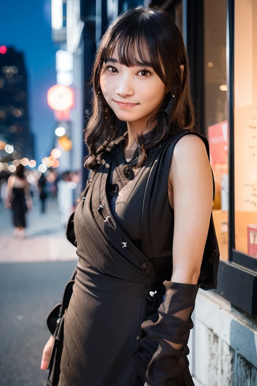 1girl, (wearing a black wrap dress:1.8),(RAW photo, best quality), (realistic, photo-realistic:1.4), masterpiece, an extremely delicate and beautiful, extremely detailed, 2k wallpaper, Amazing, finely detail, extremely detailed CG unity 8k wallpaper, ultra-detailed, highres, (rim light:1.4), beautiful detailed girl, extremely detailed eyes and face, beautiful detailed nose, beautiful detailed eyes,(in the city at night:2.0),perfect anatomy,(slender body:1.0),(smile:1.4),(looking at viewer:1.6),(japanese idol:1.8),(wavy hair:1.6), (brown eyes:1.8),(close up face:2.2),  <lora:yanohinaki_lora-12:0.8>