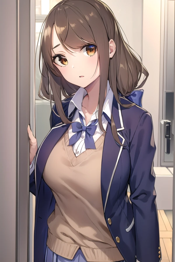 mayaakitsu, <lora:maya akitsu manga-lora-nochekaiser:1>,
maya akitsu, long hair, bangs, brown hair, (brown eyes:1.5),
BREAK skirt, shirt, long sleeves, cleavage, school uniform, collarbone, jacket, white shirt, pleated skirt, open clothes, collared shirt, sweater, open jacket, black jacket, blazer, blue jacket, grey skirt, brown sweater,
BREAK indoors, classroom,
BREAK looking at viewer, (cowboy shot:1.5),
BREAK <lyco:GoodHands-beta2:1>, (masterpiece:1.2), best quality, high resolution, unity 8k wallpaper, (illustration:0.8), (beautiful detailed eyes:1.6), extremely detailed face, perfect lighting, extremely detailed CG, (perfect hands, perfect anatomy),
