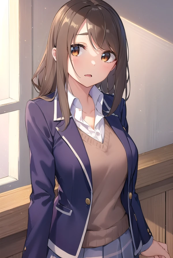 mayaakitsu, <lora:maya akitsu manga-lora-nochekaiser:1>,
maya akitsu, long hair, bangs, brown hair, (brown eyes:1.5),
BREAK skirt, shirt, long sleeves, cleavage, school uniform, collarbone, jacket, white shirt, pleated skirt, open clothes, collared shirt, sweater, open jacket, black jacket, blazer, blue jacket, grey skirt, brown sweater,
BREAK indoors, classroom,
BREAK looking at viewer, (cowboy shot:1.5),
BREAK <lyco:GoodHands-beta2:1>, (masterpiece:1.2), best quality, high resolution, unity 8k wallpaper, (illustration:0.8), (beautiful detailed eyes:1.6), extremely detailed face, perfect lighting, extremely detailed CG, (perfect hands, perfect anatomy),