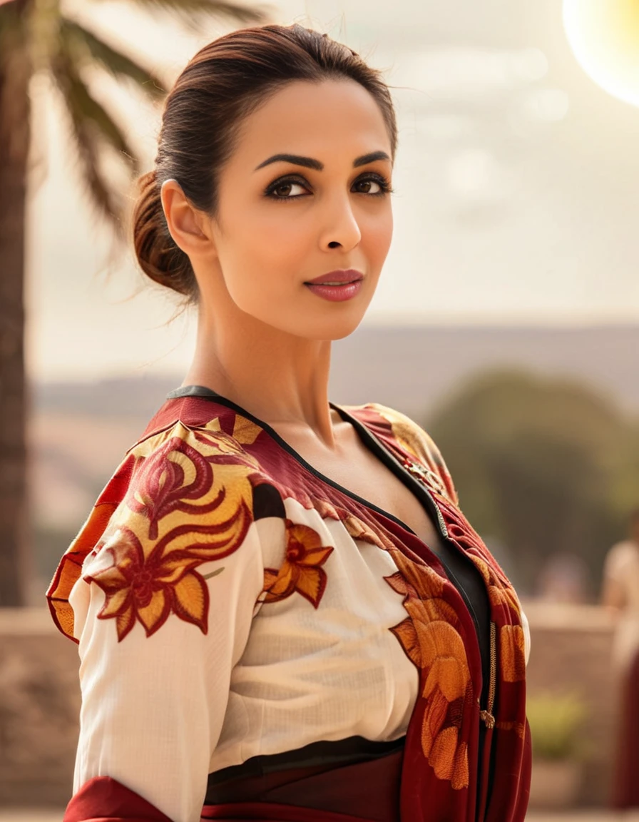 MalaikaArora,<lora:MalaikaAroraSDXL:1>, portrait,close up of a Senseless Calming Female, Matador, Standing with hand on hip, summer background, Sun in the sky, Bokeh, 50mm, RTX, wallpaper, stylized by Raffeaello Ossola