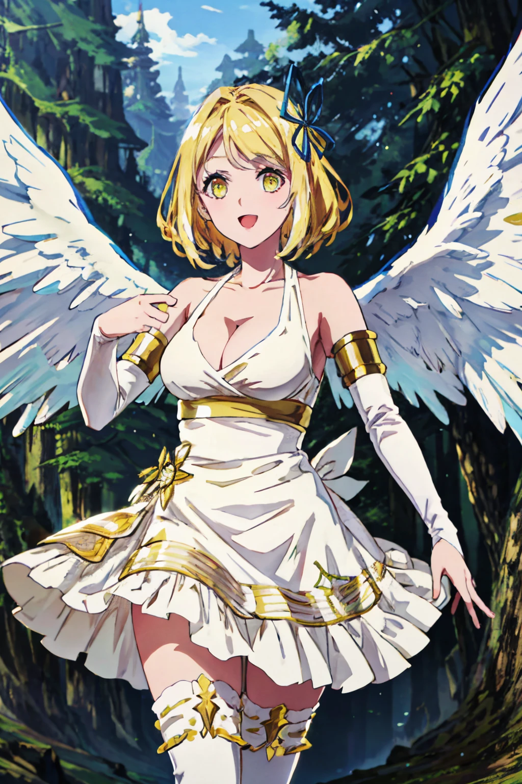 <lora:more_details:0.5>, <lora:tia-09:0.7> tia_wz, short hair, blonde hair,yellow eyes,cleavage, large breasts, hair ornament, white dress, white thighhighs, hair ribborn, blue ribborn,bare shoulders,detached sleeves,white sleeves,bridal gauntlets, halterneck, cowboy shot, outdoors, nature, modeling pose, dynamic pose, :D, angel wings, looking at viewer,, 1girl, (masterpiece:1.3), high quality, highres, absurdres, solo<lora:GoodHands-beta2:1.0><lora:GoodHands-beta2:1.0>