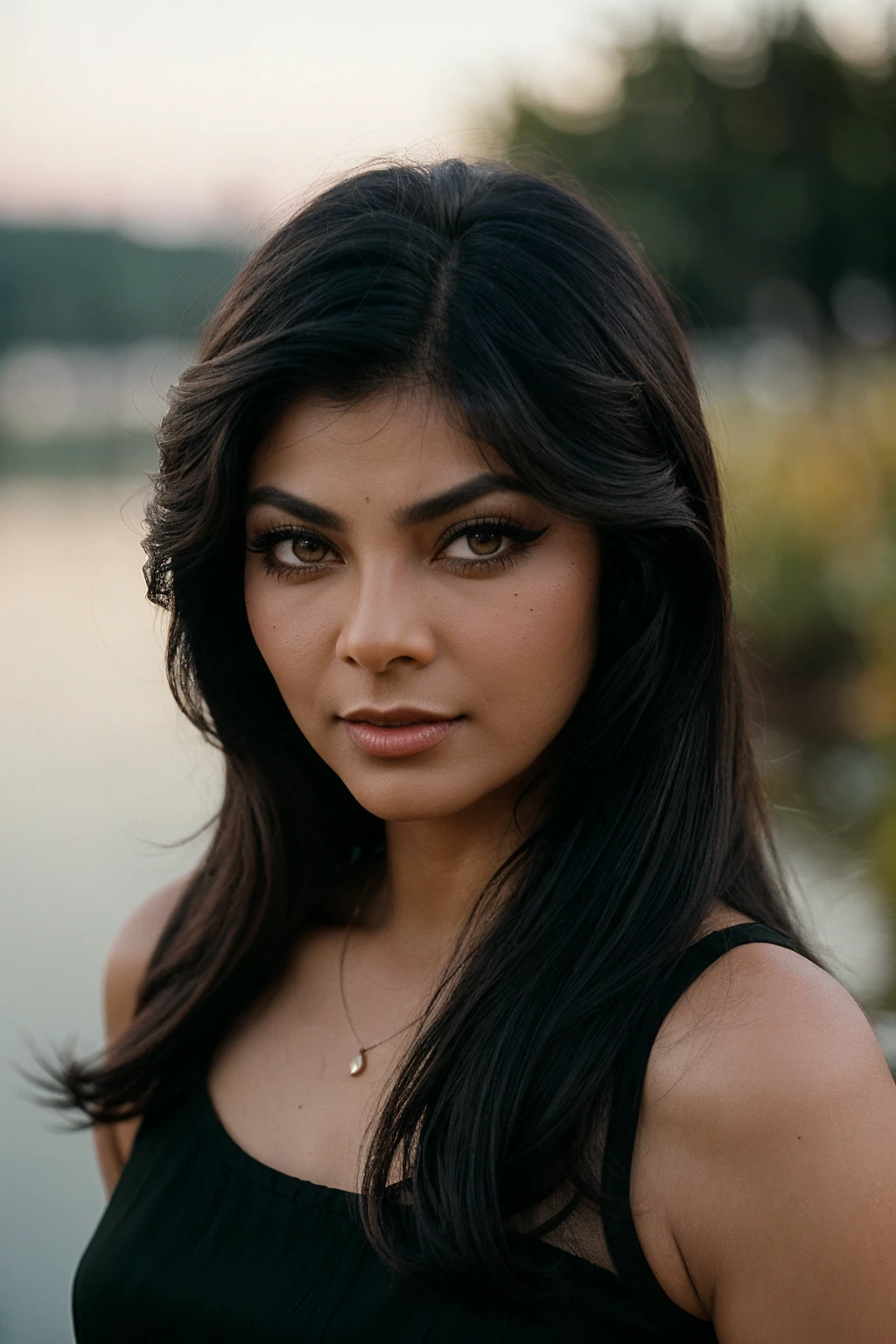 photo of (EPK1m1K4tk4r:0.99), closeup portrait, perfect hair, (modern photo, Sleeveless blouse), 24mm, (analog, cinematic, film grain:1.3), ((march [in|at] pond , gradient:1.1)), ((detailed eyes)), ((eyeliner, long lashes)), (epicPhoto), long eyelashes,