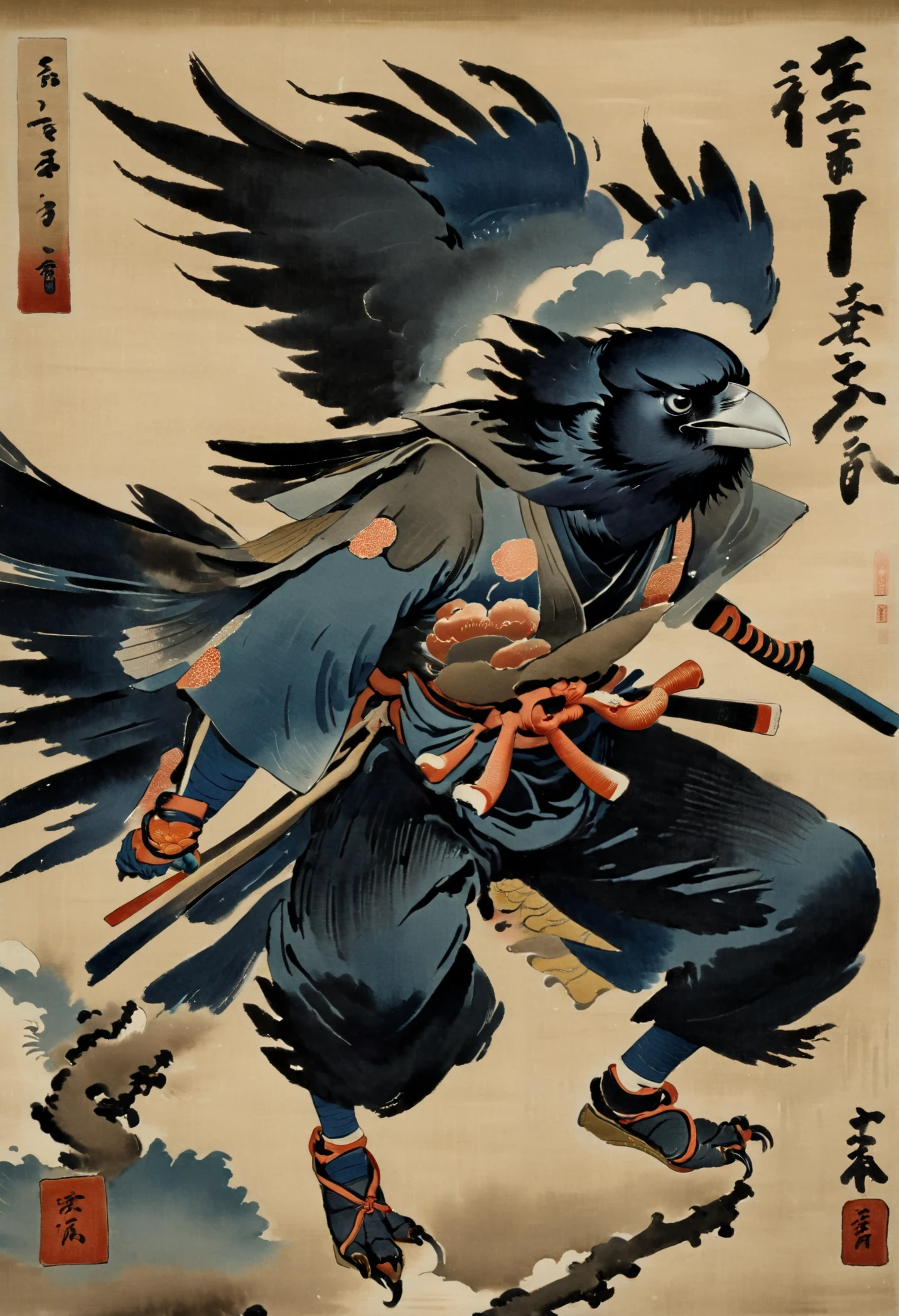 Japanese ink painting, ukiyo-e, crow tengu