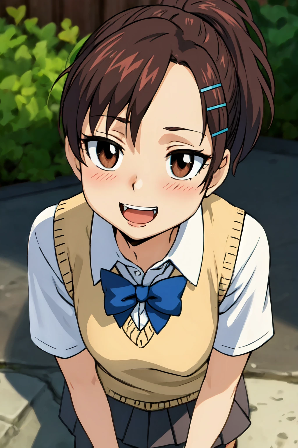 portrait, sharp focus, soft lighting,  (highly detailed face), (highly detailed eyes), illustration, depth of field, haru1,  full body, outdoors, school, 1girl,solo,looking at viewer, blush, smile, open mouth ,bangs, brown hair, shirt, hair ornament, bow,  brown eyes, school uniform ,,white shirt ,ponytail ,short sleeves, :d,  hairclip, collared shirt, bowtie ,kneehighs, blue bow, ,black socks, ,grey skirt, brown shoes, loafers,, sweater vest  <lora:haru-000003:0.75>  <lora:asanagi:0.35>