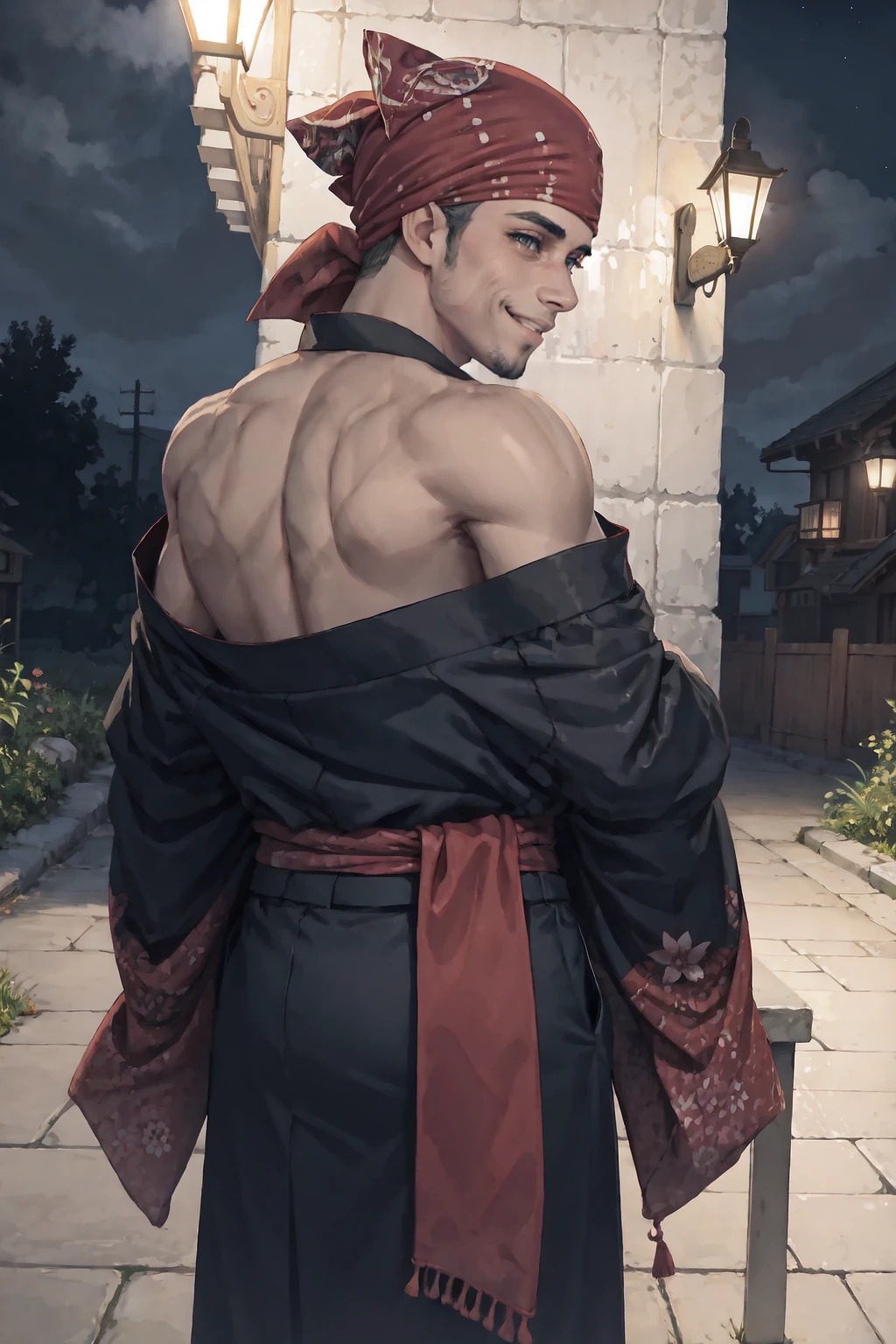 kimono, from behind, off shoulder, shoulder blades, <lora:OffShoulderKimono:1>, outdoors, night, Ricardo, red bandana on the head, <lora:Char_Sigmas_RicardoMilos:0.85>, seductive smile,