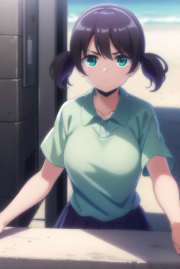 maisunagawa, <lora:mai sunagawa anime s1-lora-nochekaiser:1>,
mai sunagawa, short hair, bangs, twintails, (green eyes:1.3), black hair, short twintails,
BREAK skirt, shirt, school uniform, short sleeves, pleated skirt, collared shirt, black shirt,
BREAK outdoors, beach,
BREAK looking at viewer,
BREAK <lyco:GoodHands-beta2:1>, (masterpiece:1.2), best quality, high resolution, unity 8k wallpaper, (illustration:0.8), (beautiful detailed eyes:1.6), extremely detailed face, perfect lighting, extremely detailed CG, (perfect hands, perfect anatomy),