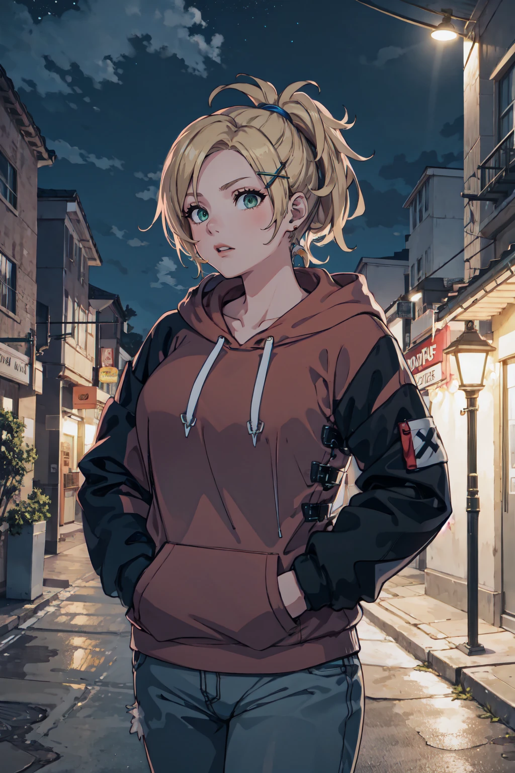 RikkuX, x hair ornament, <lora:RikkuV3:1>, hoodie, black hoodie, outdoors, hands in pockets, street, lamp, night, large breasts,