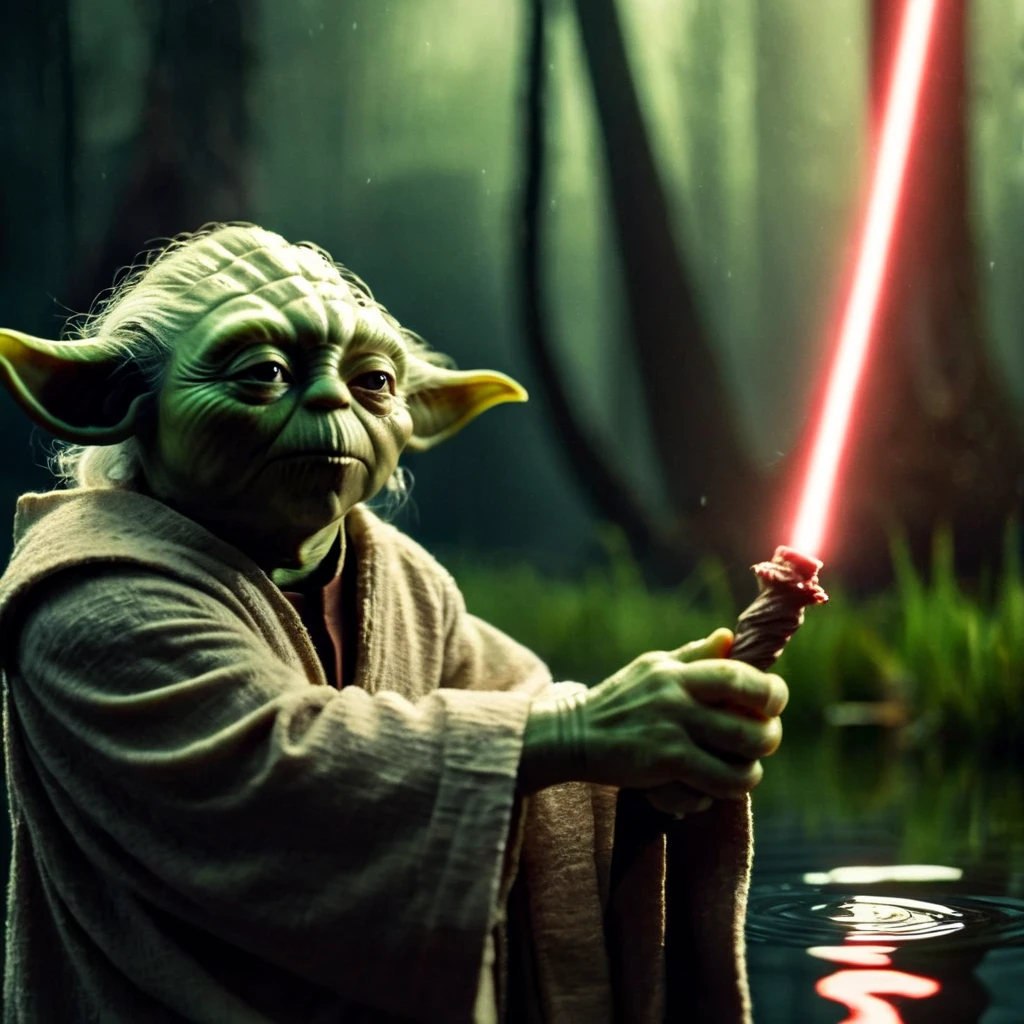 cinematic film still of <lora:Yoda:1.2>
Yoda a creepy creature with red eyes holding a stick in his hand in the dark swamp with moon light ray behind in background In Star Wars Universe, shallow depth of field, vignette, highly detailed, high budget, bokeh, cinemascope, moody, epic, gorgeous, film grain, grainy