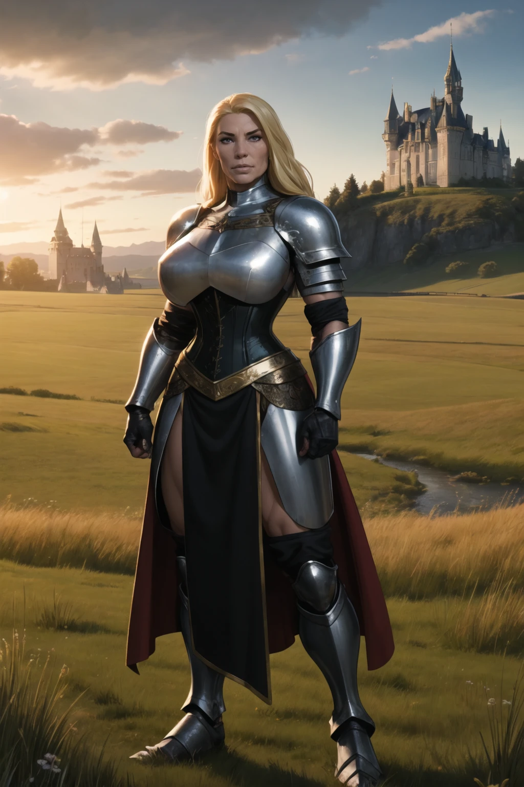 Masterpiece, a high resolution, absolutely beautiful, a mature woman, fine detailed eyes and detailed face, tall and tall, she wears metal armor, full coverage armor, armor pants, armor boots, armor appearance, shogun, appearance: (high: 1.4), arrogant and mature temperament, ruby eyes, blood red lipstick on the lips, majesty, rich details, is standing, action, medieval castle, (chubby:1.3), (huge breasts:1.2),