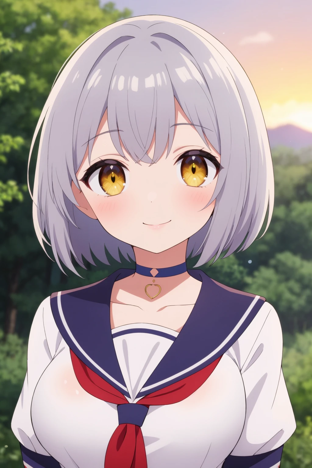 masterpiece, best quality, solo, petite,
short hair, wavy hair, silver hair, yellow eyes, large breasts, choker, light smile, school uniform,
portrait, forest, sunset, blurry background,