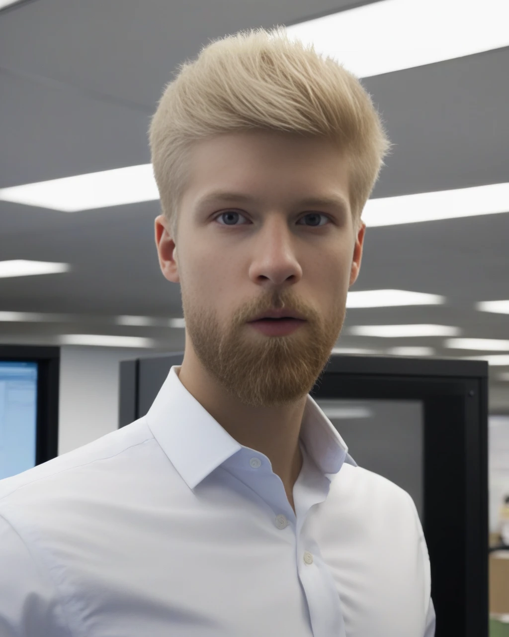 front view shot, portrait,
man, short hair,
blonde hair, blonde eyebrows, forehead,
suit, beard,
standing in office 
 <lora:detailedeyebrows_v0_5:0.8>