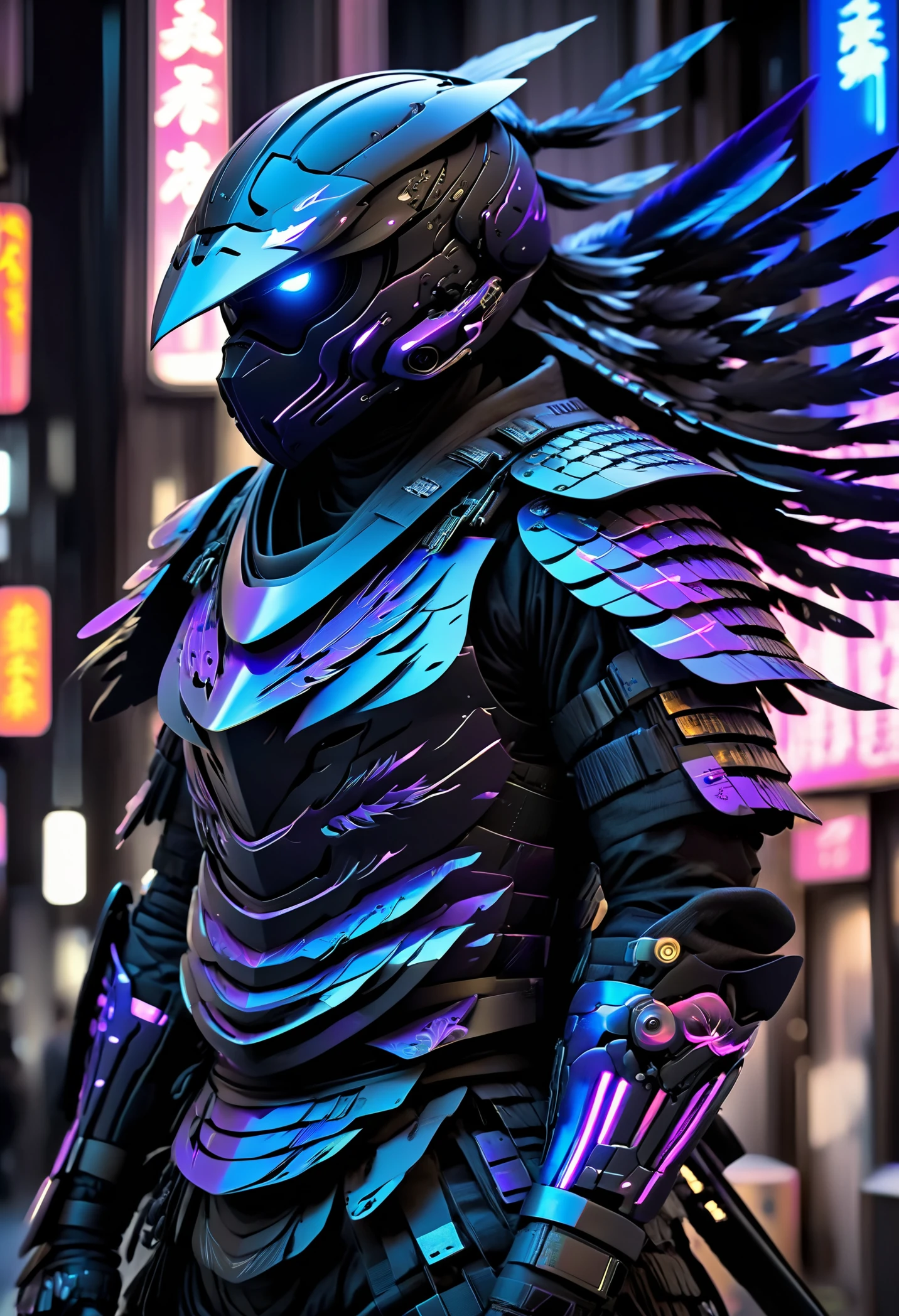 RAW Photo, jetblack ninja armor, inspired by crow tengu, very intricate advanced armor, integrated neon lights, masterpiece, highly detailed, dslr, film grain, cinematic, cyberpunk, futuristic, sci-fi, Neo-Tokyo, (art by Yoji Shinkawa)