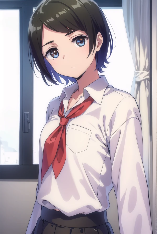 aitanahara, <lora:ai tanahara anime s1-lora-nochekaiser:1>,
ai tanahara, short hair, black hair, hair ornament, (brown eyes:1.3), hairclip, (swept bangs:1.5), (flat chest:1.2),
BREAK shirt, white shirt, collared shirt, neckerchief, red neckerchief, skirt, black skirt,
BREAK indoors, classroom,
BREAK looking at viewer,
BREAK <lyco:GoodHands-beta2:1>, (masterpiece:1.2), best quality, high resolution, unity 8k wallpaper, (illustration:0.8), (beautiful detailed eyes:1.6), extremely detailed face, perfect lighting, extremely detailed CG, (perfect hands, perfect anatomy),
