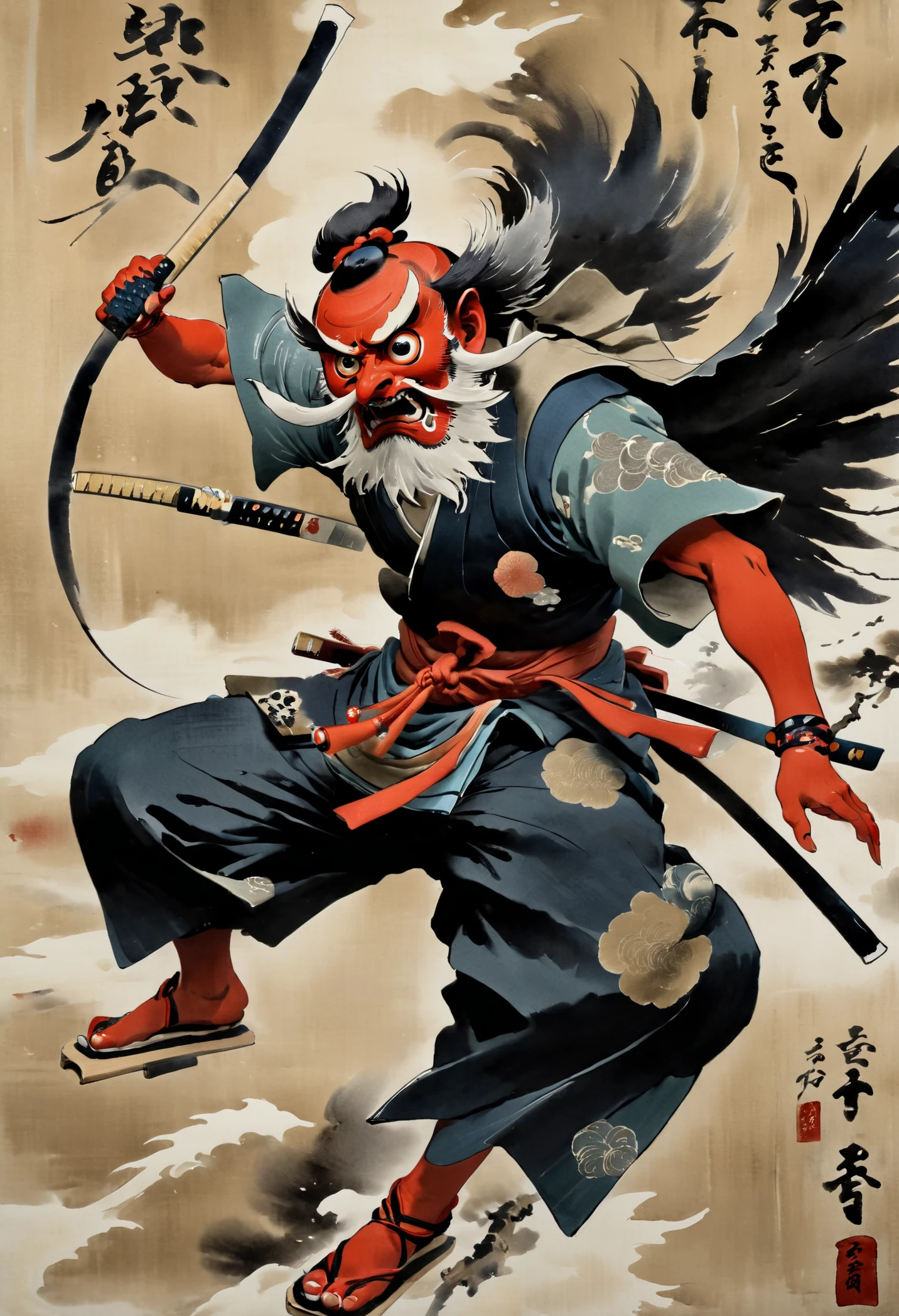 Japanese painting, ukiyo-e, tengu with long red nose, konoha, knhtng, wielding a spear, dynamic pose, intricate details, art by Yoji Shinkawa, masterpiece, 8k