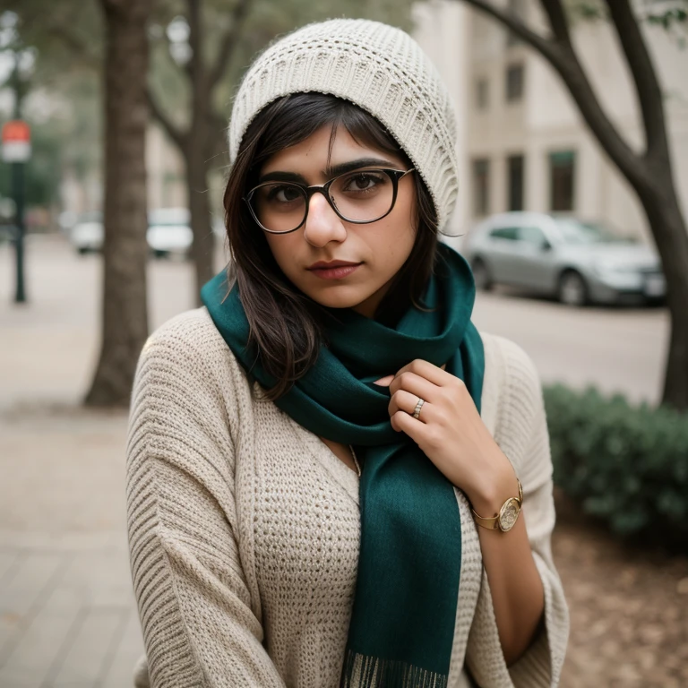 cinematic film still of <lora:Mia Khalifa SD1.5:1.2>
Mia Khalifa a woman wearing glasses and a scarf vintage glamour photography, shallow depth of field, vignette, highly detailed, high budget, bokeh, cinemascope, moody, epic, gorgeous, film grain, grainy