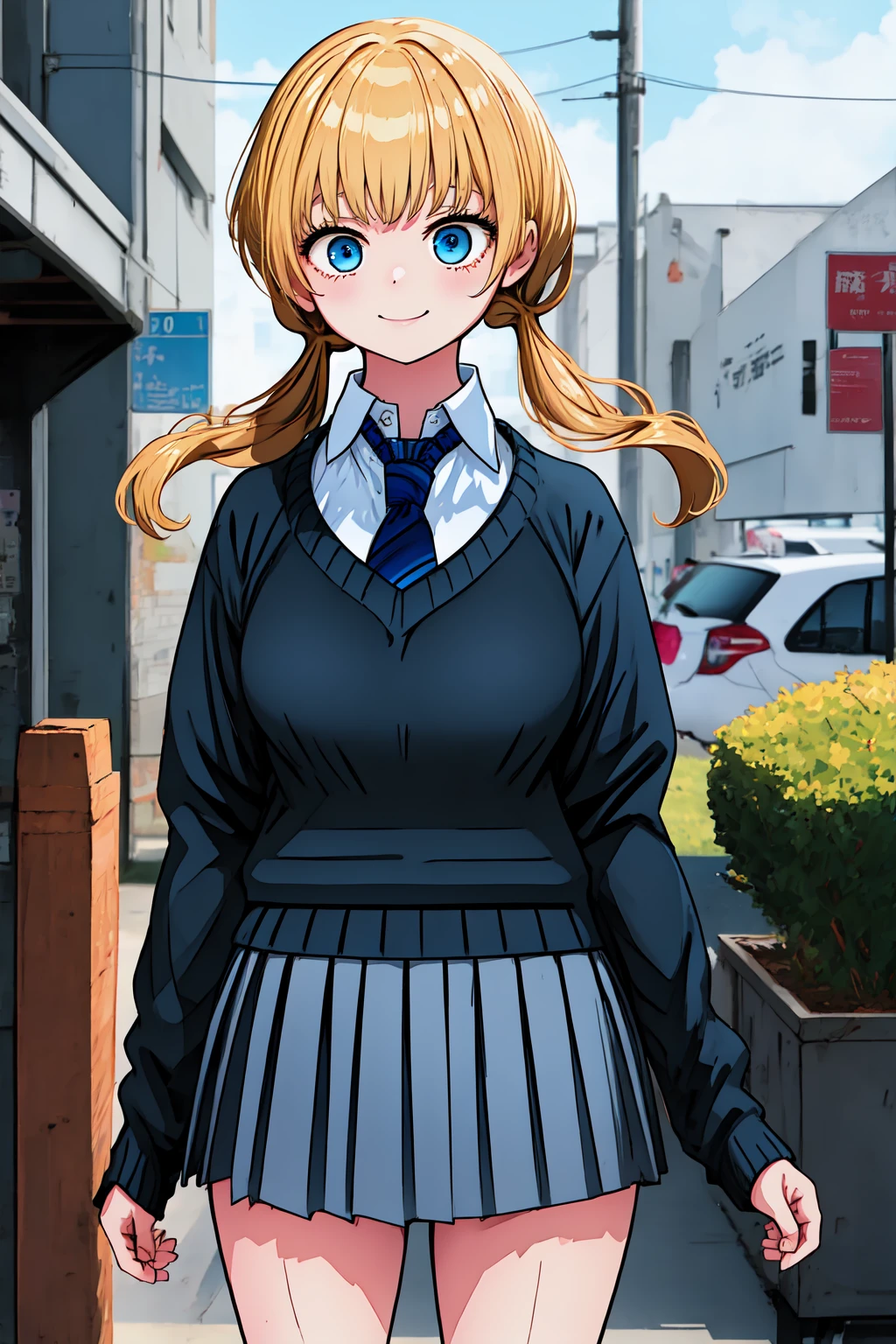 1girl, cowboy shot, standing, smile,
hoshino_shia, blue eyes, blonde hair, long hair, low twintails, school uniform, blue necktie, sweater, long sleeves, pleated skirt, <lora:hoshino_shia_lora_ver1:0.8>, best quality, masterpiece, highres, <lora:GoodHands-vanilla:1>