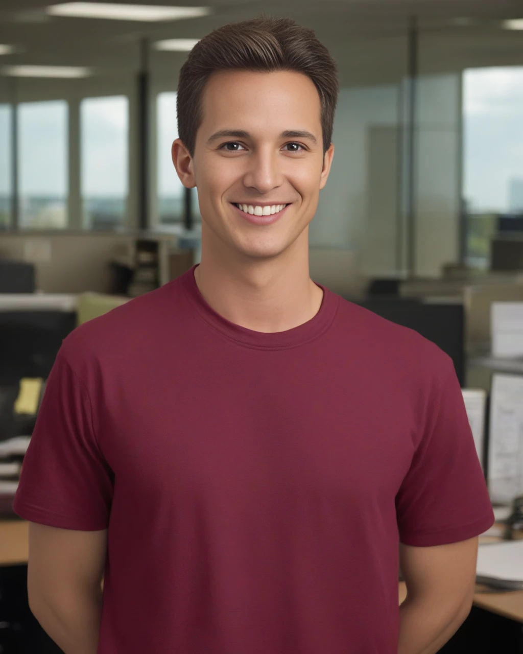 front view shot, portrait,
man, short hair,
brown hair, brown eyebrows, forehead,
red tshirt,
standing in office 
 <lora:detailedeyebrows_v0_5:0.8>