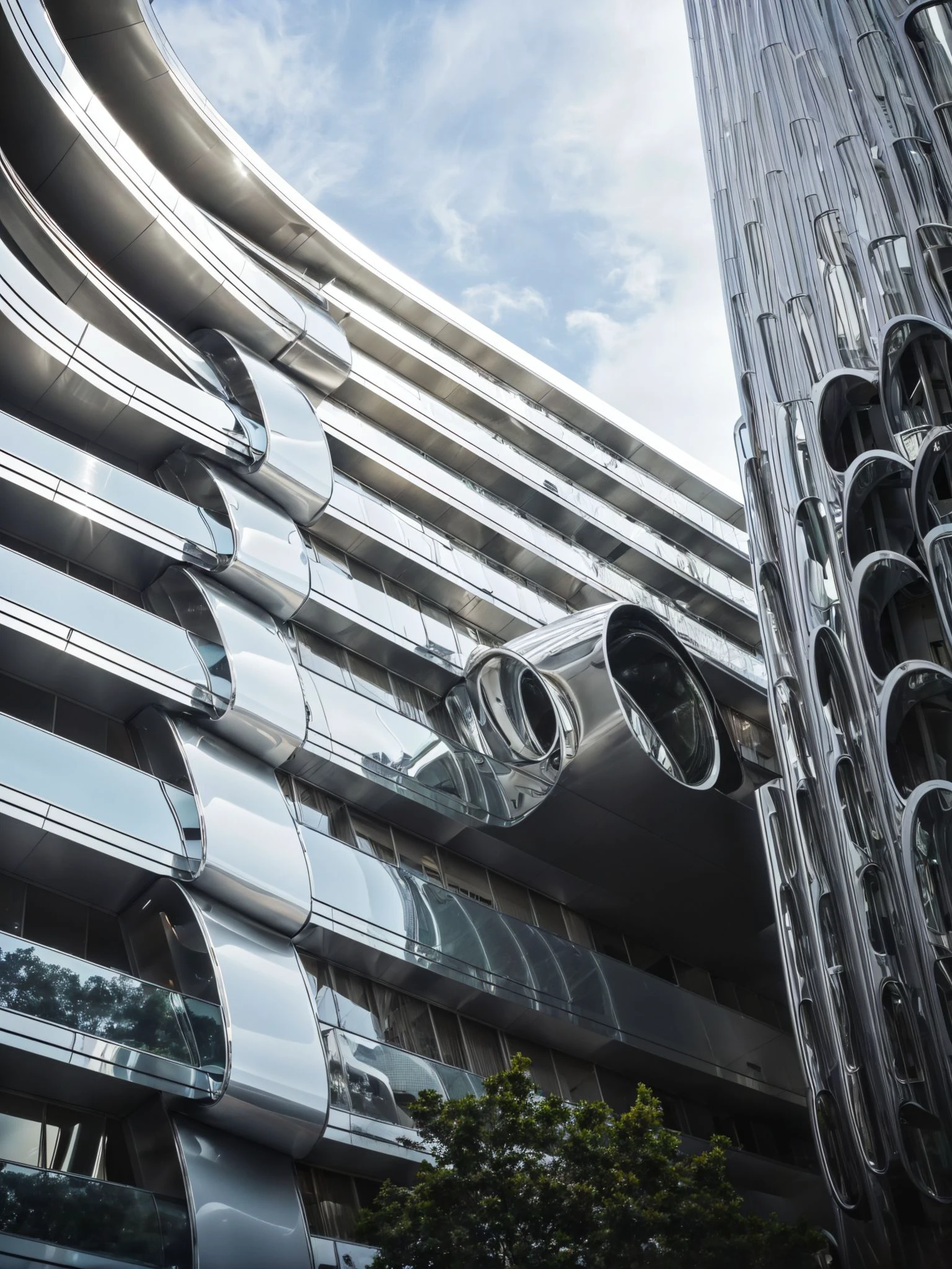 <lora:Arc_v5:0.68>, RAW photo, (curvy mirror reflective metal apartment building in the city center by Richard Rogers), beautiful composition, detailed faade, curvilinear, Tokyo city center, ((retro futurism style)), white sky, cinematic lighting, (diffused light:1), large cantilevers, fog, architecture photography, hyper realistic, super detailed, 8k, Nikon Z6 Mirrorless Camera, film grain