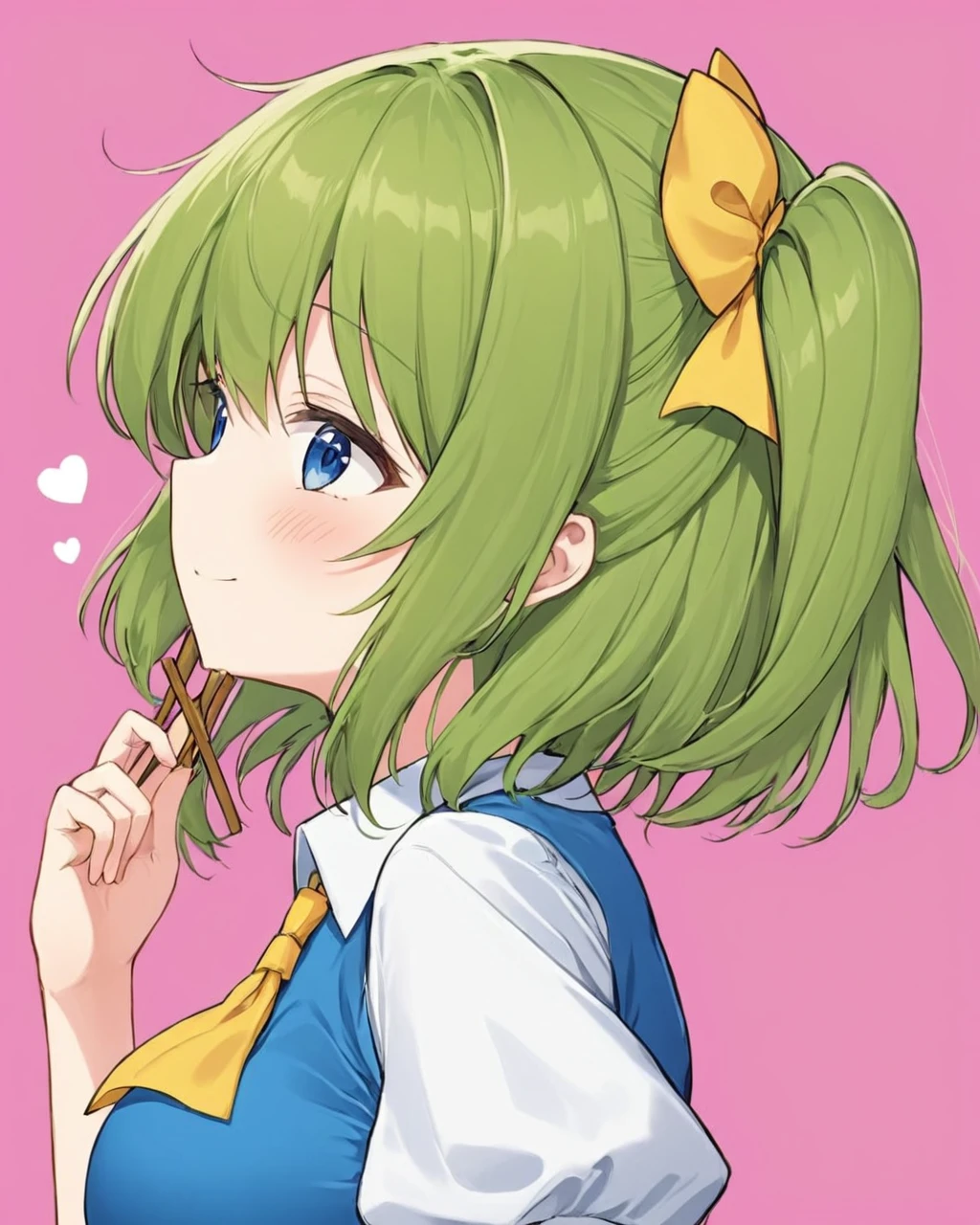 daiyousei, heart, pocky, blush, 1girl, solo_focus, yellow_ascot, white_shirt, hair_ribbon, smile, pink_background, upper_body, yellow_ribbon, one_side_up, puffy_short_sleeves, simple_background, blue_dress, closed_mouth, mouth_hold, collared_shirt, from_side, large_breasts, white_background, border
<lora:daiyousei_image3166_2023-12-11-000010:1>,star-shaped_pupils,symbol-shaped_pupils,. gorgeous,key visual, vibrant, studio anime,award-winning, professional, highly detailed,high budget, cinemascope