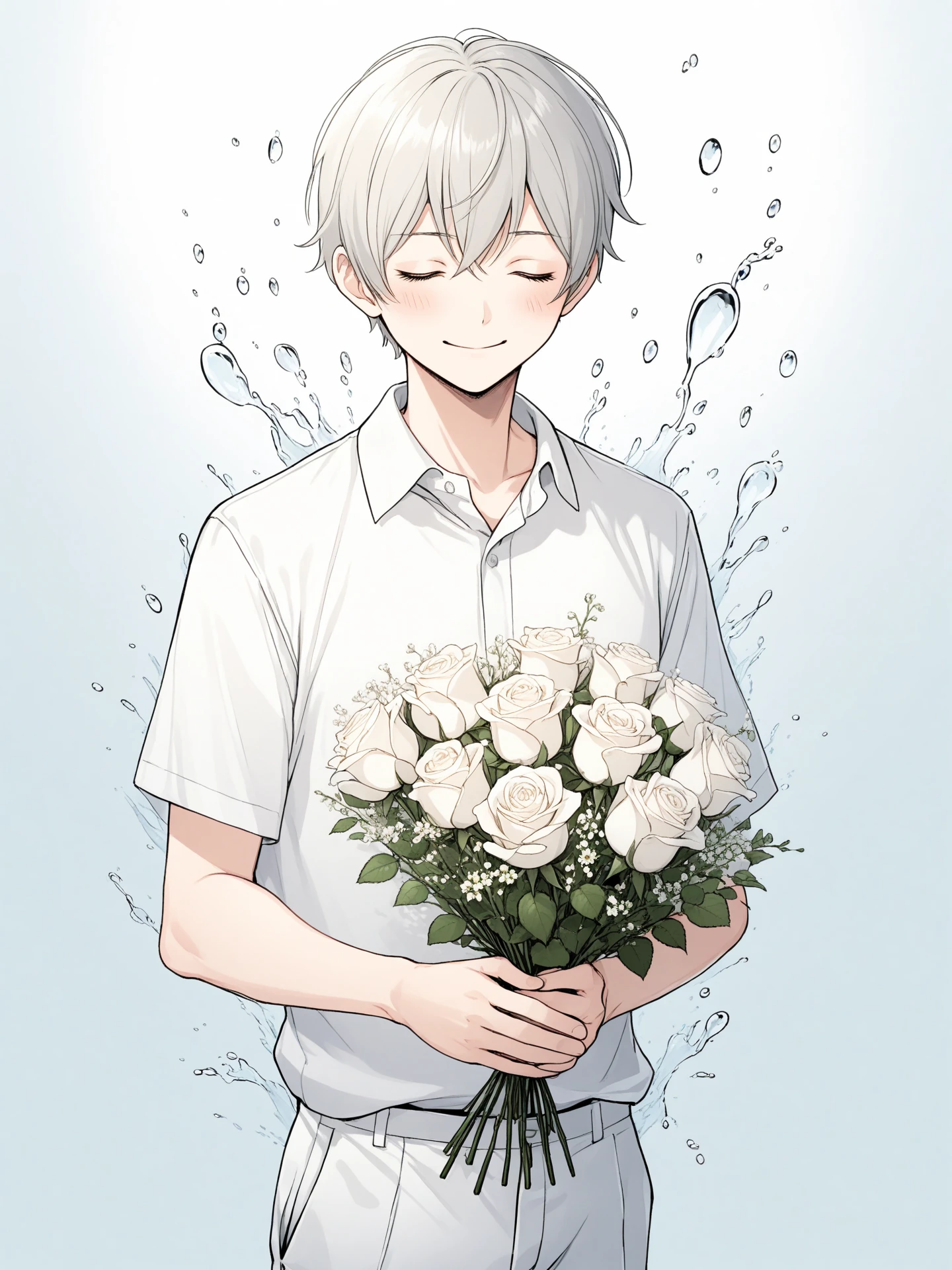 1boy, male focus, flower, solo, holding, shirt, closed eyes, mole, grey hair, white shirt, white flower, short hair, smile, bouquet, pants, mole under eye, standing, holding bouquet, short sleeves, rose, closed mouth, bangs, sportswear, collared shirt, white rose, water drop