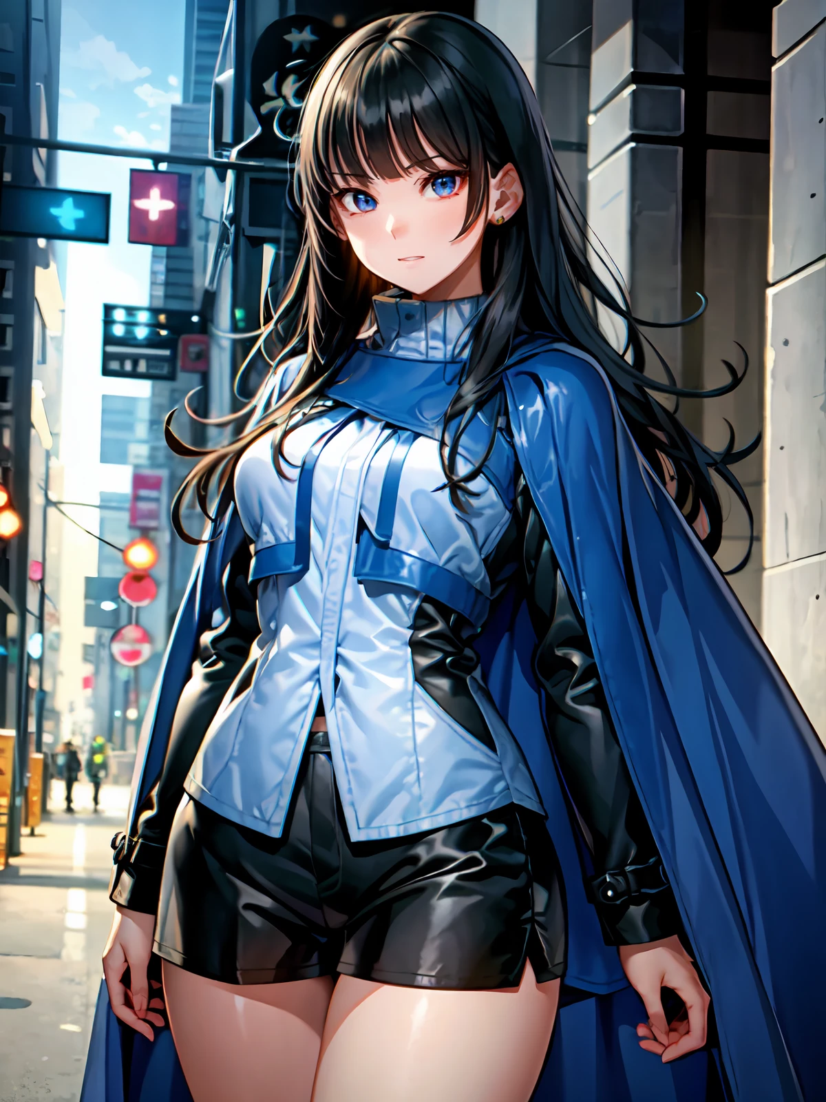 (extremely detailed CG), (best quality), perfect face, shiny skin, lustrous skin, solo narrow waist, wide hips  <lora:RinnieKudo-10:0.7>rinniekudo, long hair, bangs, black hair, long sleeves, jewelry, jacket, black skirt, cape, ring, shorts, black shorts, blunt bangs, boots