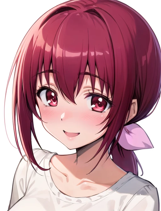 best quality, masterpiece, highres, detailed, digital artwork, <lora:Tools - add_detail:0.2>, IkuyoHoshi, red hair, pink ribbon, low ponytail, red eyes, white shirt, mature woman,  <lora:Character - IkuyoHoshi:0.8>, simple white background, blush, happy, upper body, straight on,