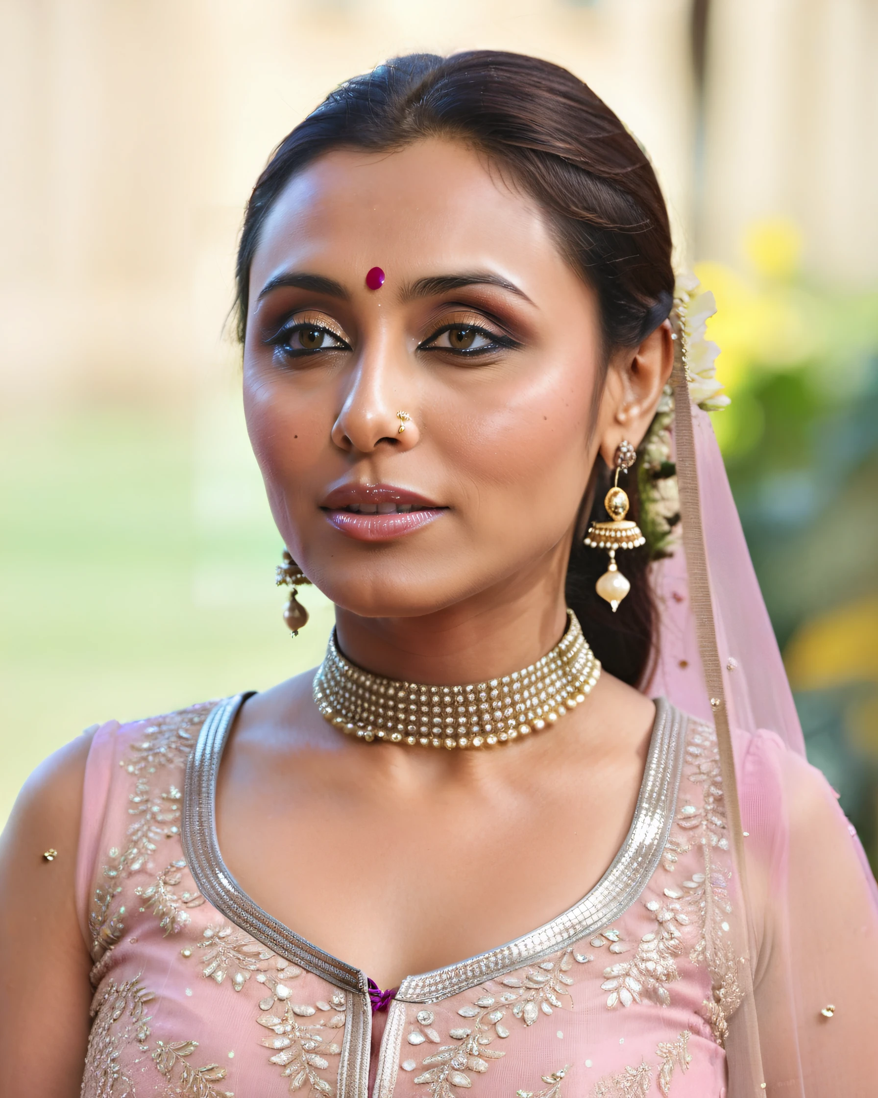 ultrarealistic soft focus photo of a 30-year-old woman, rani mukerji, outdoors, high neck Anarkali Suit lace covering chest and cleavage, Closed eyes with a serene smile, low-angle shot camera angle, looking looking at camera, day time, beautiful bokeh <lora:Rani_Mukerji_SDXL_LoRA:0.8>