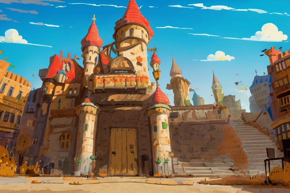 illustration,scenery,ground vehicle,building,motor vehicle,city,bridge,car,architecture,road,tree,house,outdoors,lamppost,sky,stairs,castle,cityscape,<lora:å¥½åç±³-building-000014:1>,