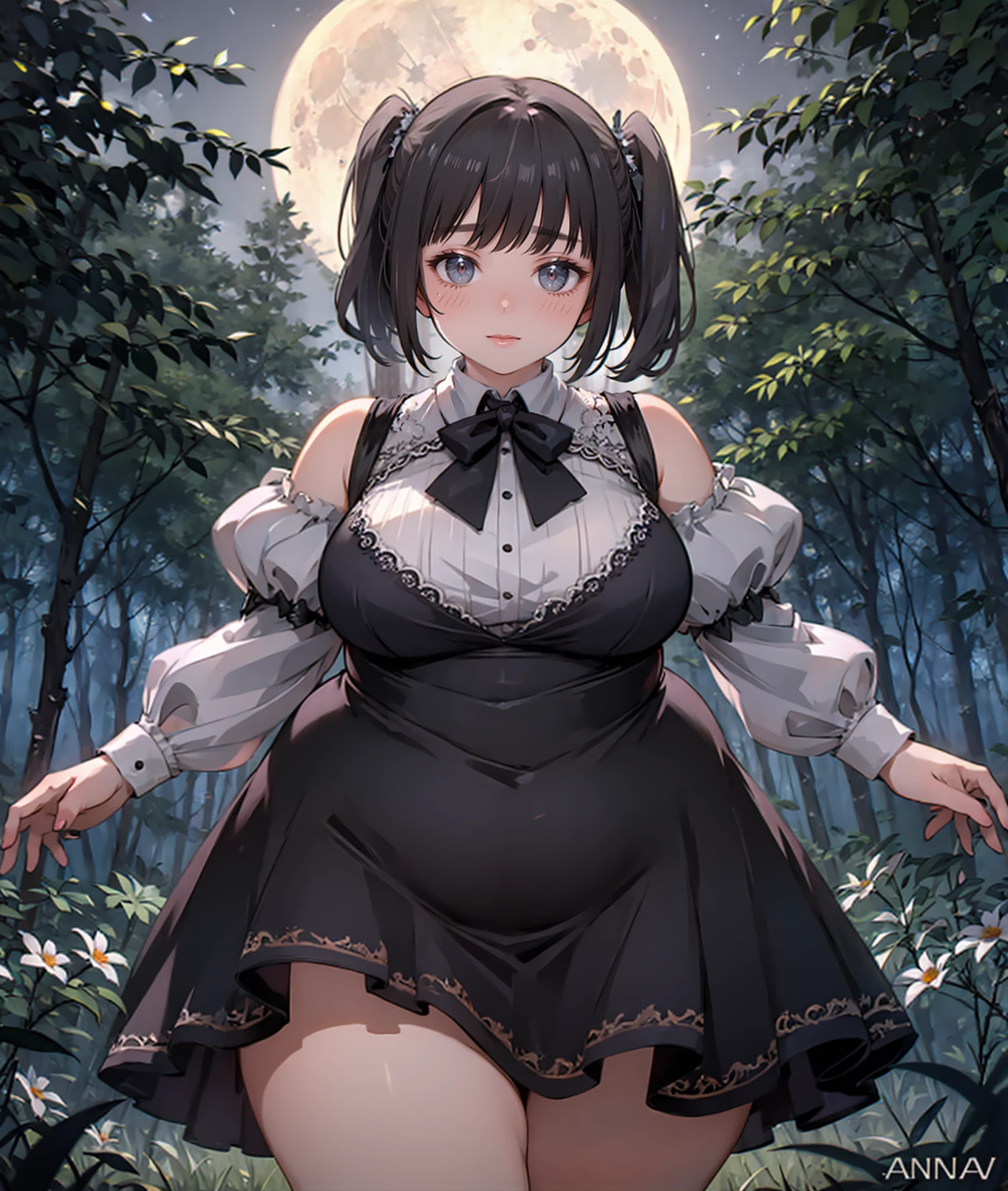 <lora:symodel-3-0-a3-lyco-extract:1>
masterpiece, volumetric lighting, (art by Fellatrix:0.6), (art by Sizemologist:0.5), (Anton Mauve art style:1.2),
solo, 1girl,
(plump), dress, bowtie, twintails, night, moon, forest, cowboy shot, wide hips, (hourglass figure)